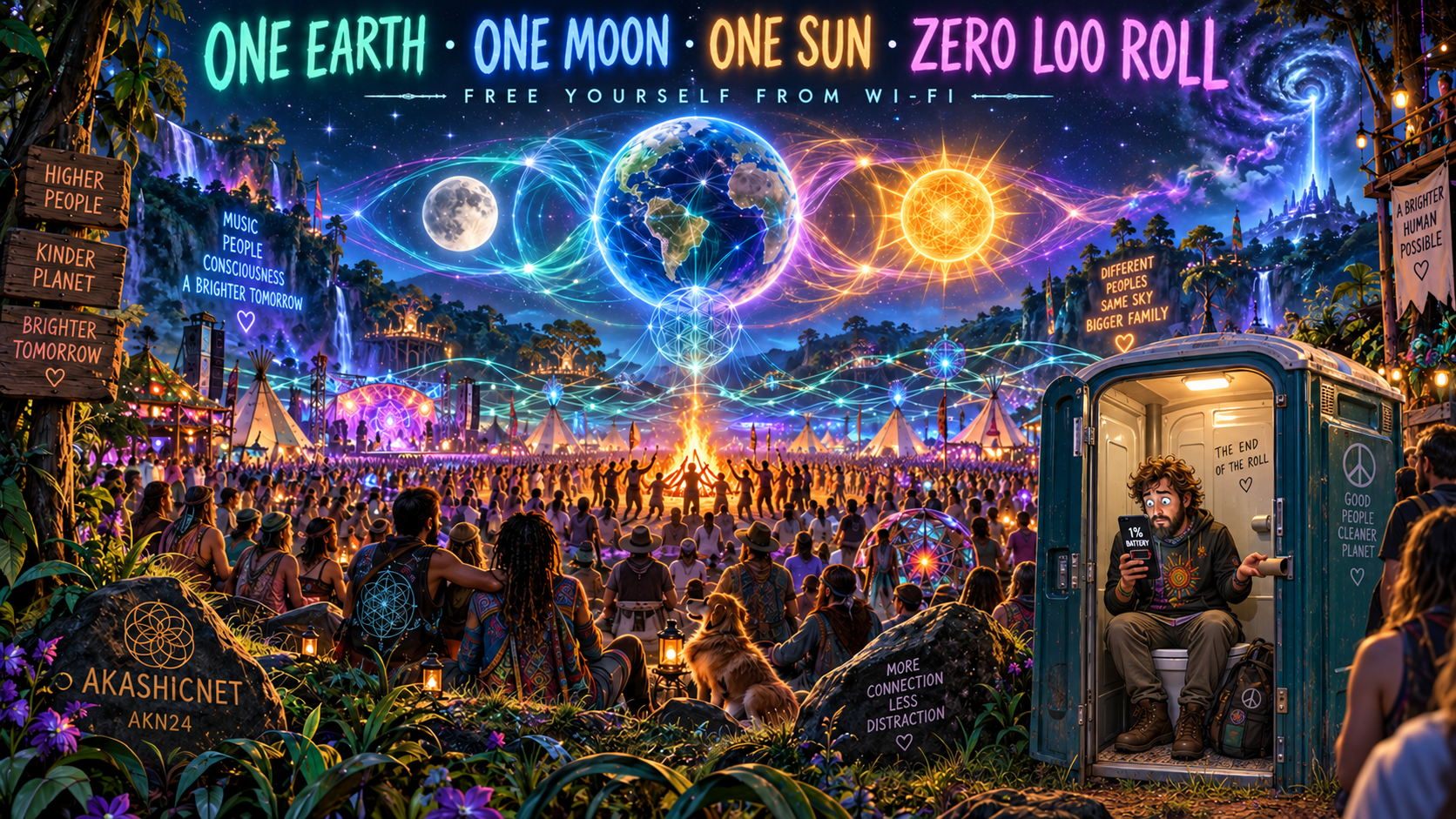 A satirical psychedelic festival panorama: a community gathers around a central fire beneath Earth, moon and sun. In a realistic foreground portaloo, an adult absorbed in a phone showing one-percent battery suddenly discovers an empty toilet-roll holder.