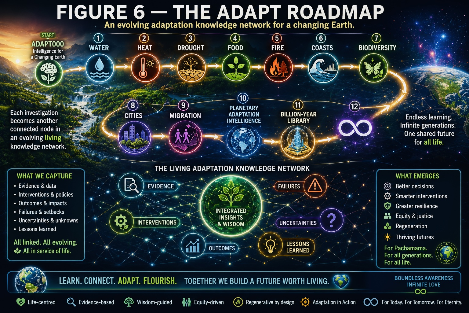Planetary ADAPT roadmap linking climate hazards and evidence through an evolving knowledge network.