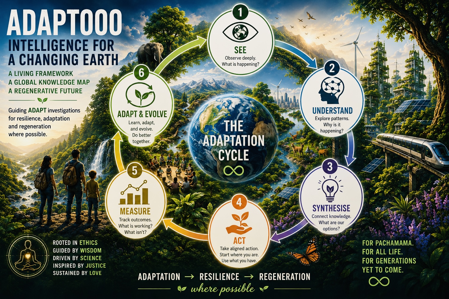Circular ADAPT000 learning cycle with six stages around a living Earth.