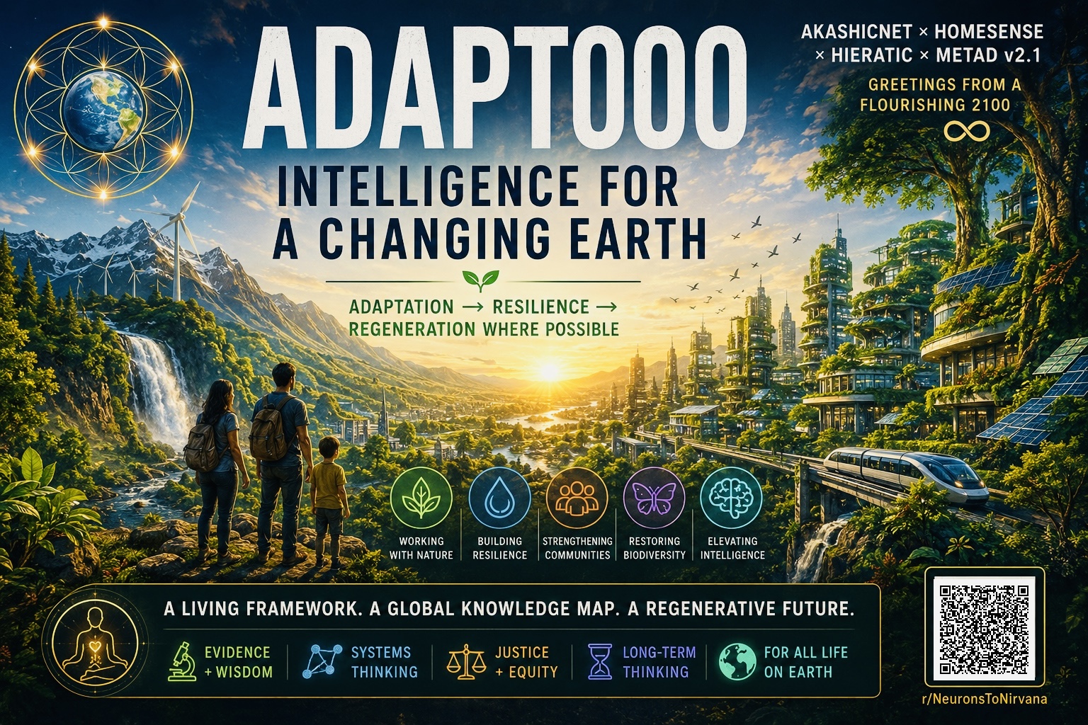 ADAPT000 Intelligence for a Changing Earth feature artwork showing a regenerative mountain settlement, a family, waterfalls, clean energy and the AkashicNET frameworks.