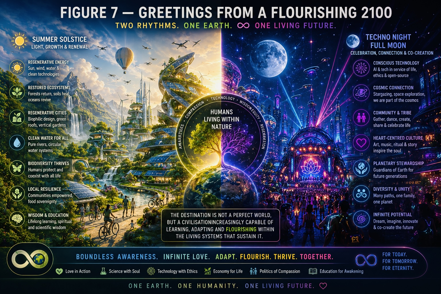 Split vision of flourishing ecological and technological futures in 2100.