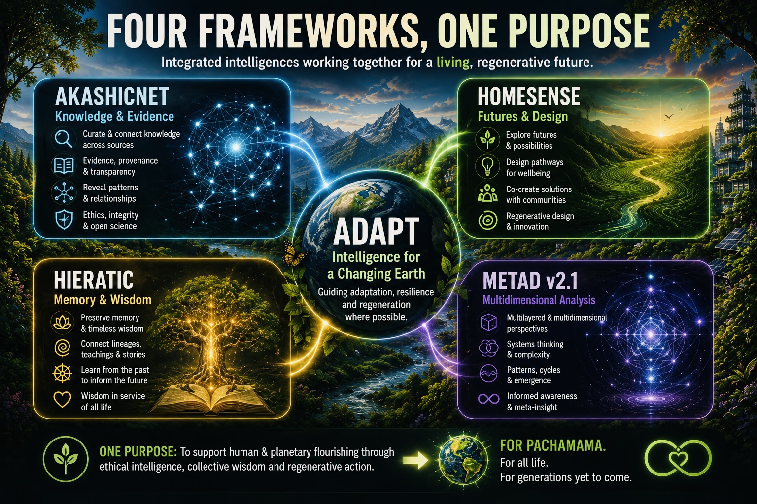 Four-framework diagram showing AkashicNET, HomoSense, Hieratic and METAD around the ADAPT000 purpose.