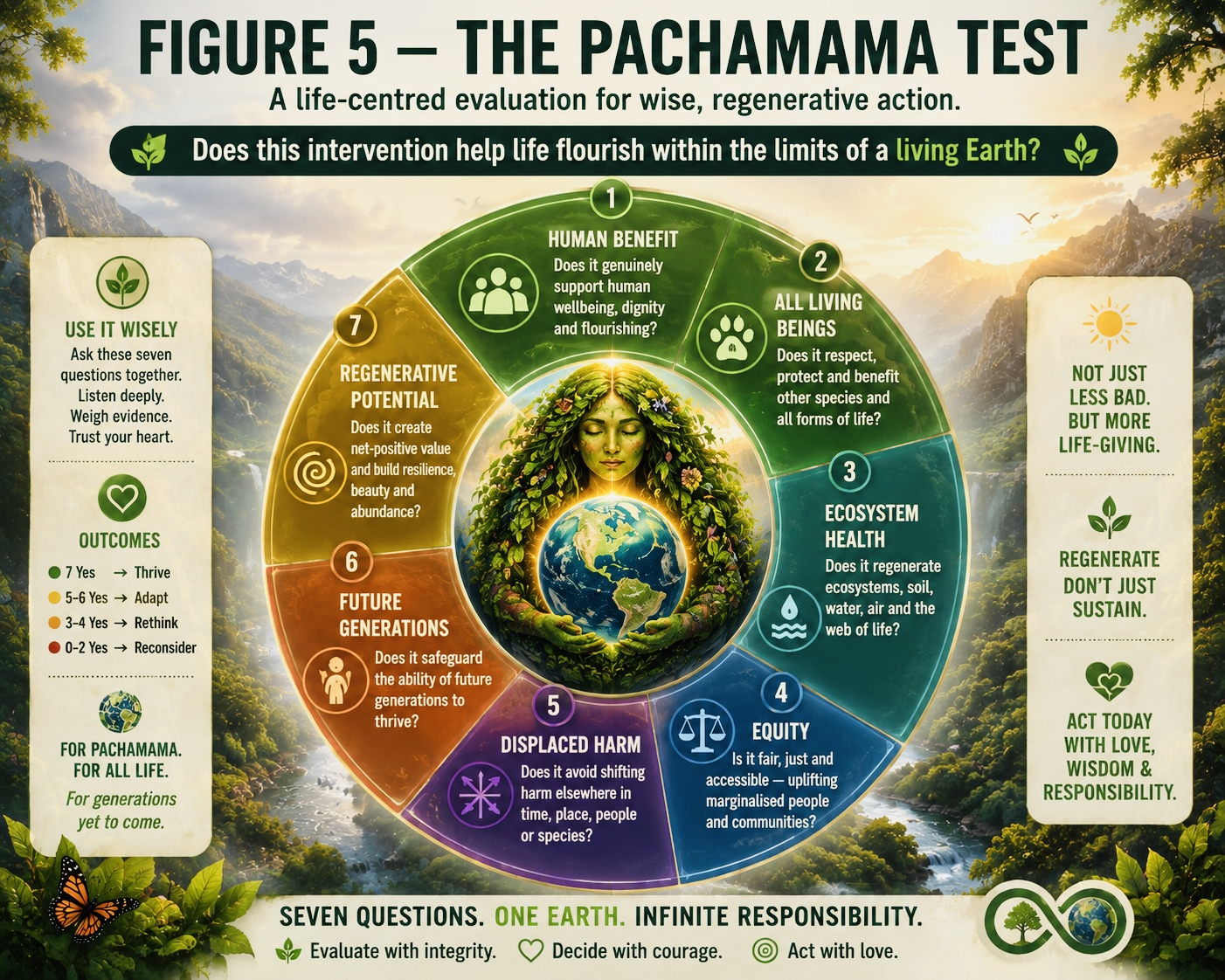 Pachamama Test wheel evaluating human benefit, living beings, ecosystem health, displaced harm, equity, future generations and regenerative potential.