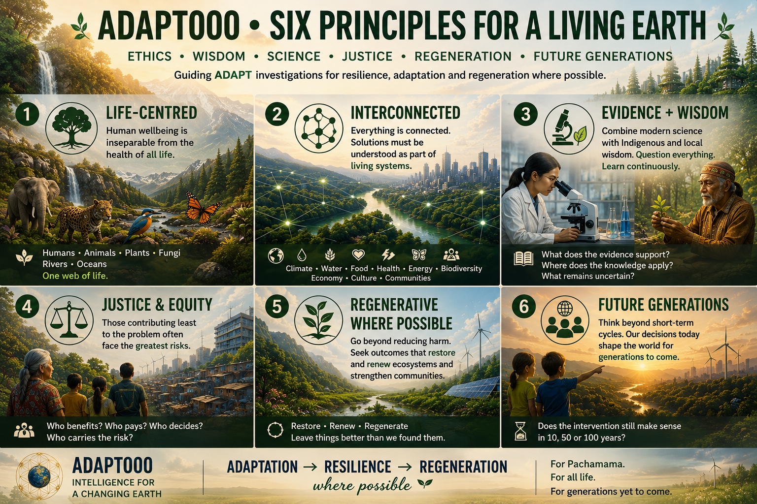 Six illustrated ADAPT000 principles arranged in a grid across living landscapes.