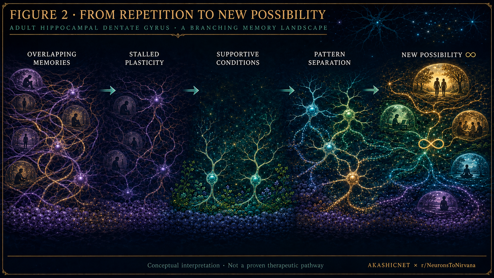 Conceptual progression from overlapping memories and stalled plasticity towards pattern separation and new adaptive possibility.