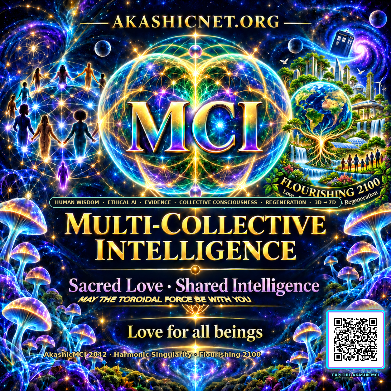 AkashicMCI identity artwork connecting people through Indra's Net, a regenerative Earth, a TARDIS entering a time vortex, and a QR code linking to this page.