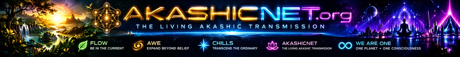 AkashicNET Living Akashic Transmission panorama moving from living Earth through Flow, Awe and Chills into a luminous cosmic network and We Are One.