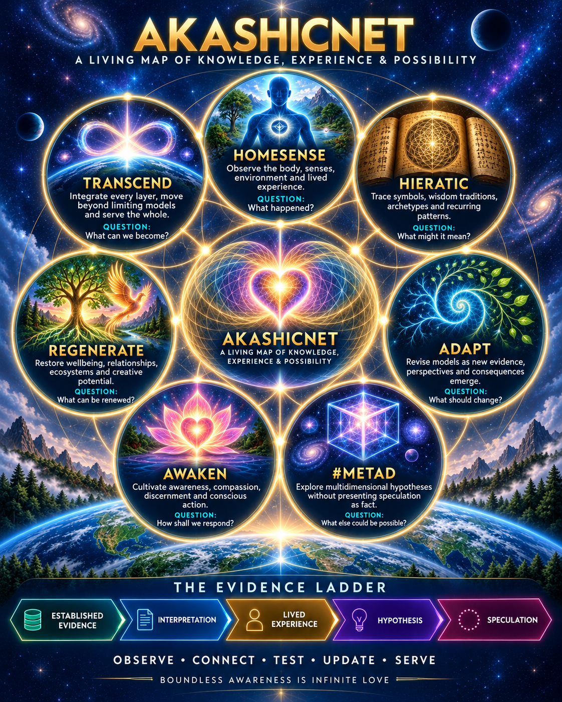 AkashicNET framework map showing HOMESENSE, HIERATIC, ADAPT, AWAKEN, REGENERATE, TRANSCEND and #METAD surrounding a toroidal heart, grounded by an evidence ladder.