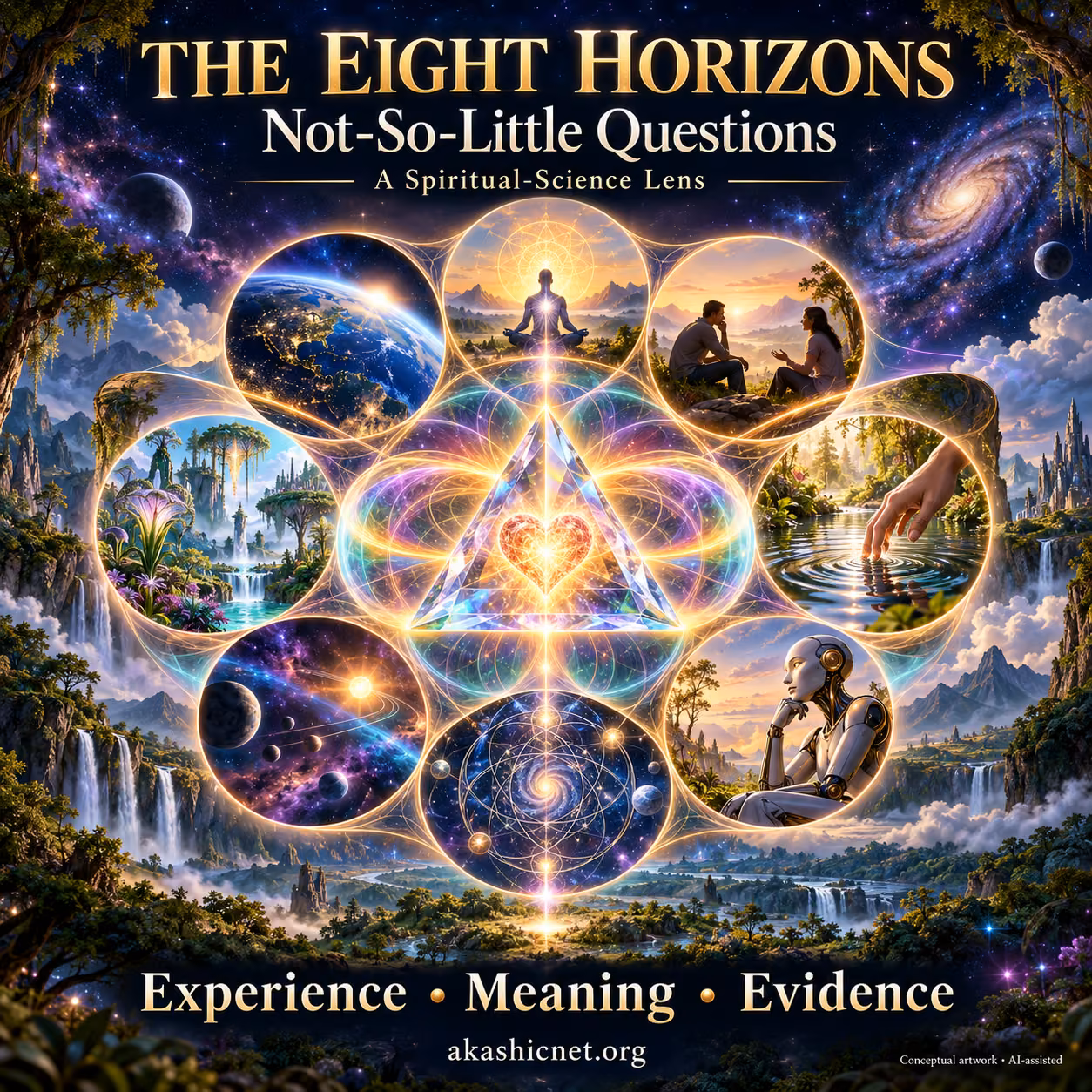 Eight imaginative horizons surround a luminous heart within a rainbow prism, connecting earthly life and cosmic questions.