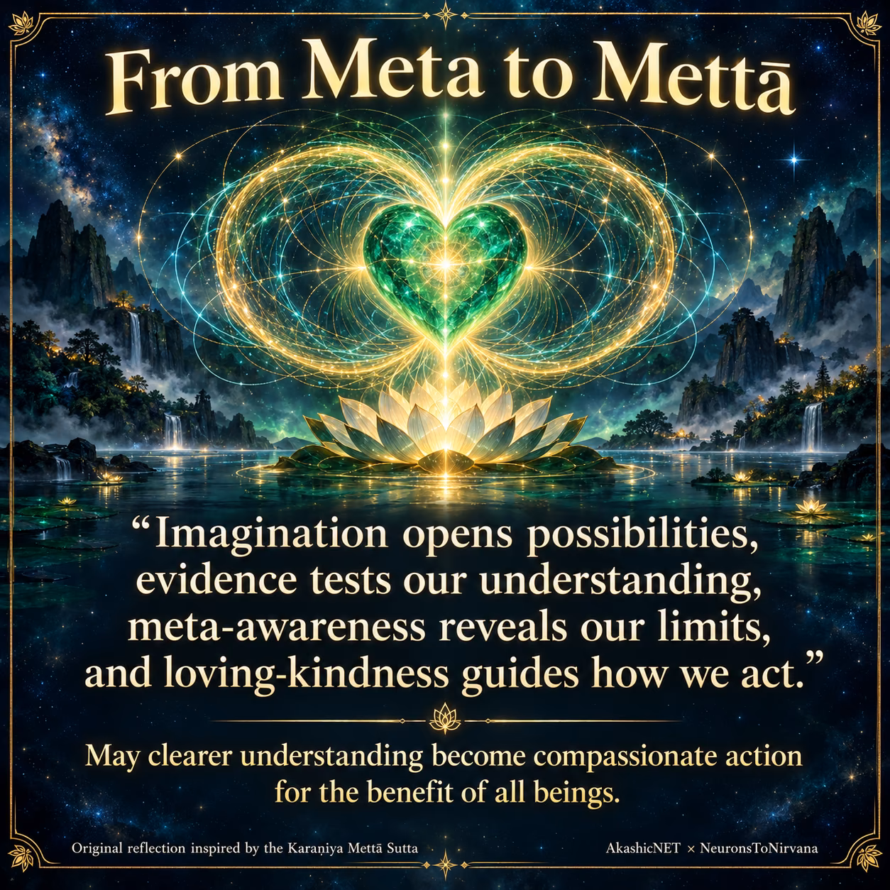 AI-generated quote artwork: a luminous emerald heart within golden toroidal curves, above a lotus and reflective lake. The complete quotation is also provided as readable text beside or below the image.