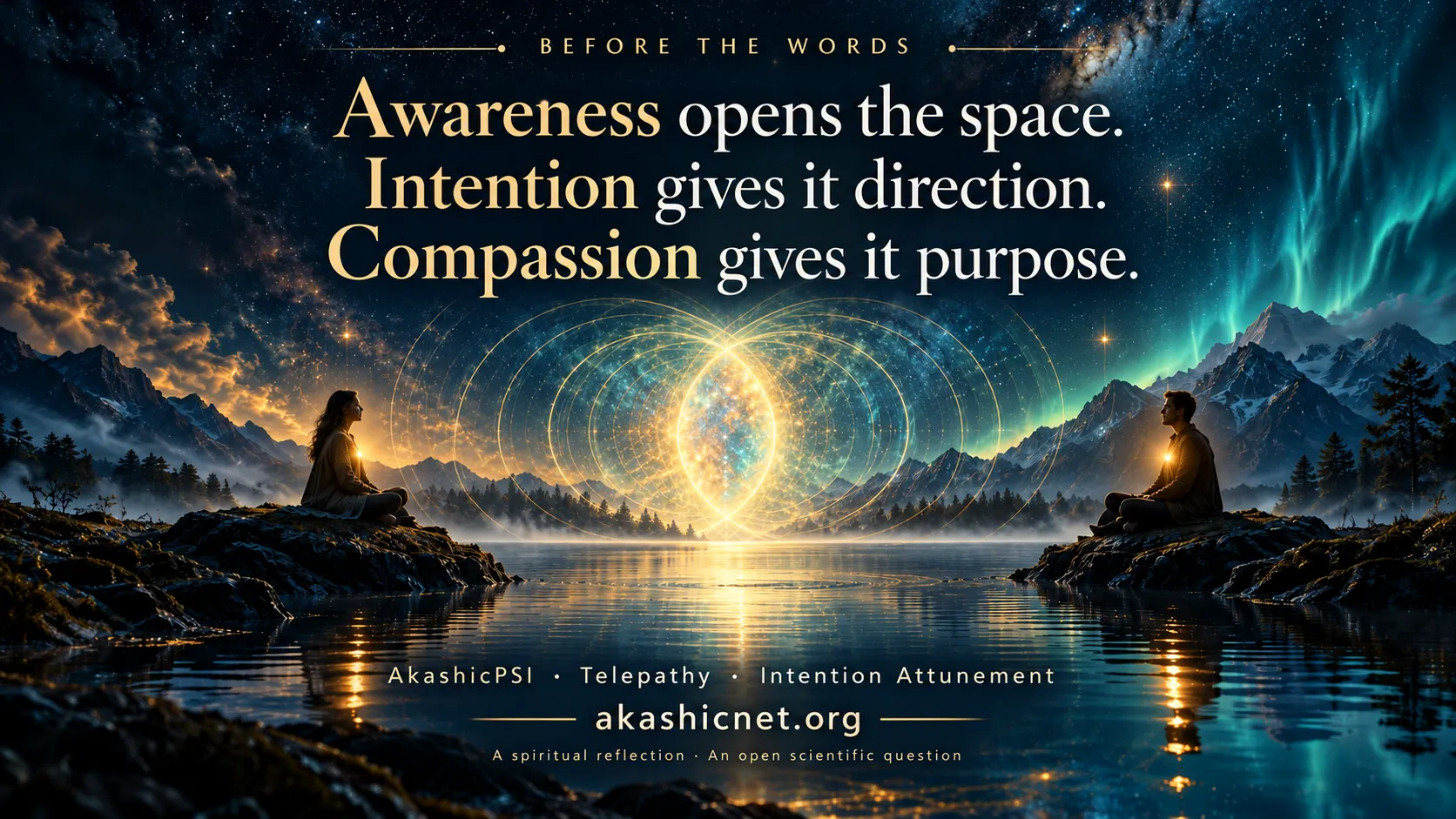 Quote: Awareness opens the space. Intention gives it direction. Compassion gives it purpose. Two people sit beside a starlit mountain lake with overlapping golden circles, a metaphor for connection.