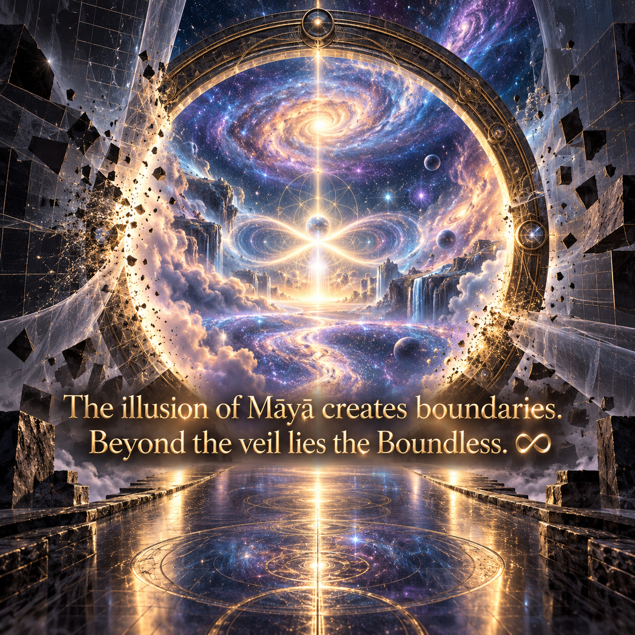A luminous circular Stargate opening through fractured dark walls into a boundless cosmic landscape, with toroidal light and sacred geometric patterns.