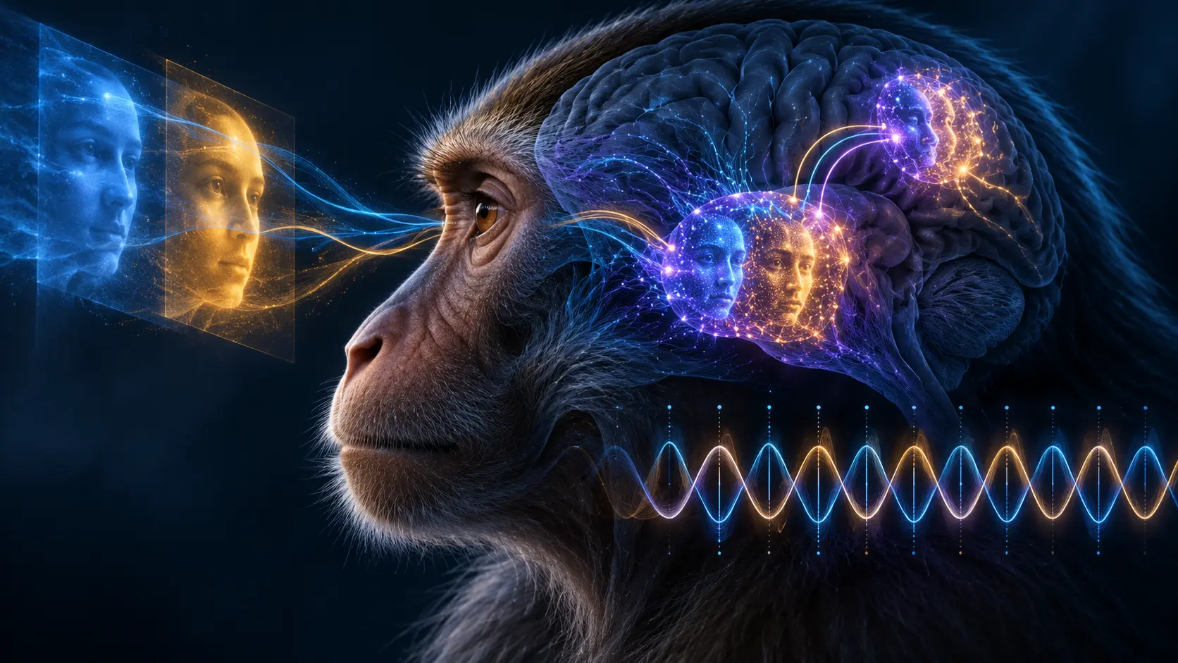 Conceptual primate neuroscience scene with competing face representations, highlighted temporal and prefrontal regions, and alternating rhythmic traces