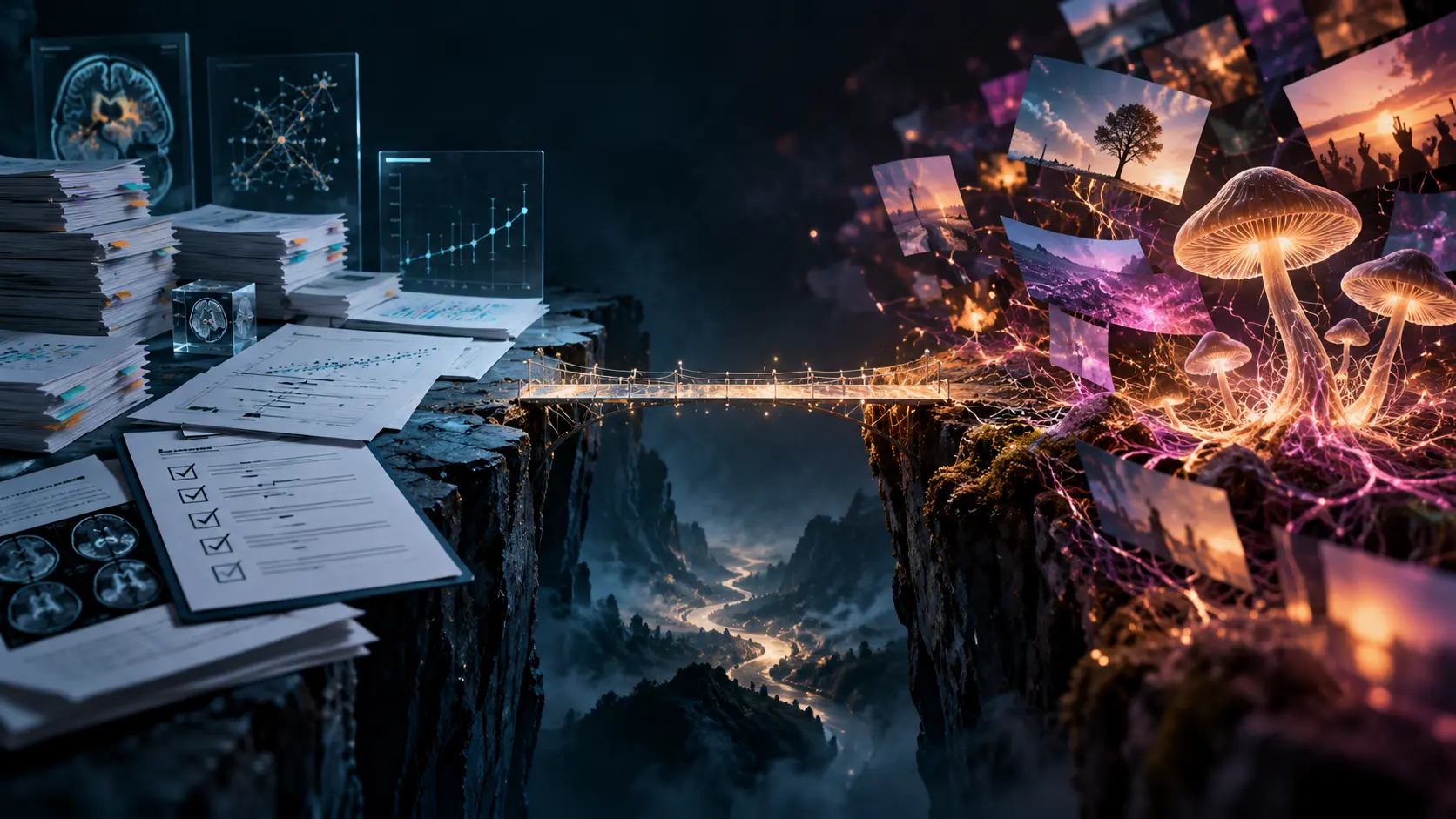 Conceptual split scene connecting clinical trial papers and safety checklists to luminous media imagery and mushroom forms across a narrow evidence bridge