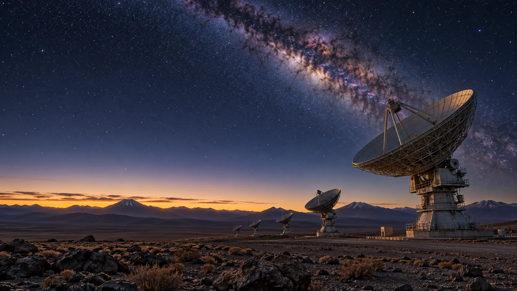 Radio telescope dishes in a desert under the Milky Way and an amber horizon.