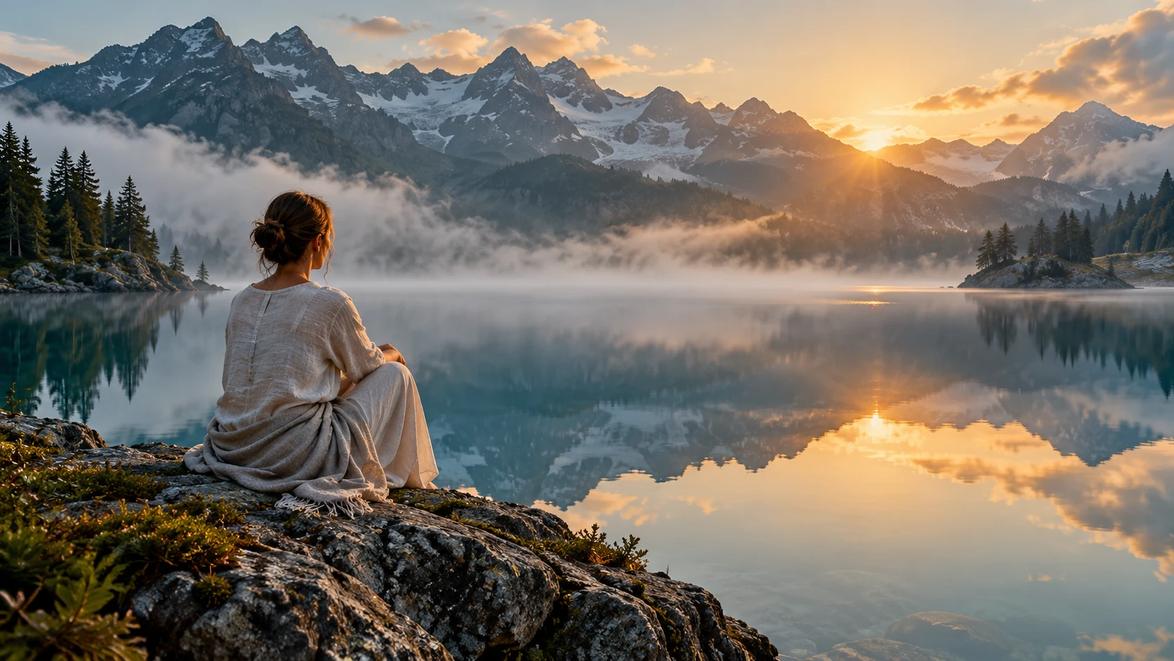A person sits quietly beside a still mountain lake in early morning mist.