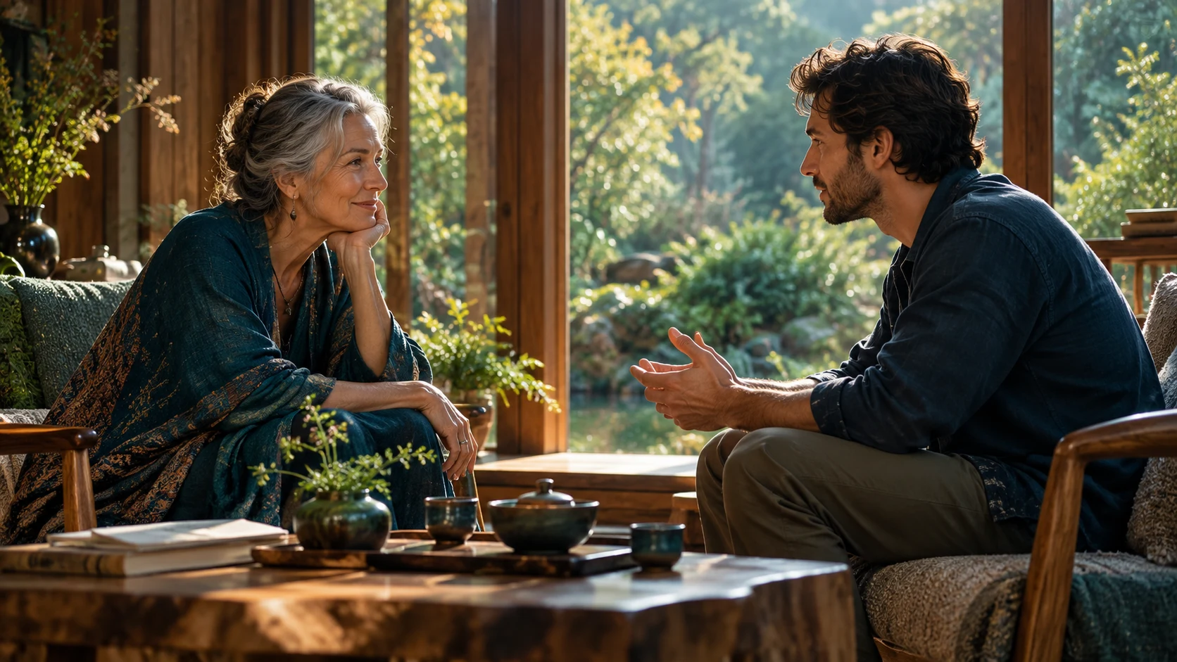 Two adults of different generations listen attentively to one another in a sunlit room overlooking a garden.