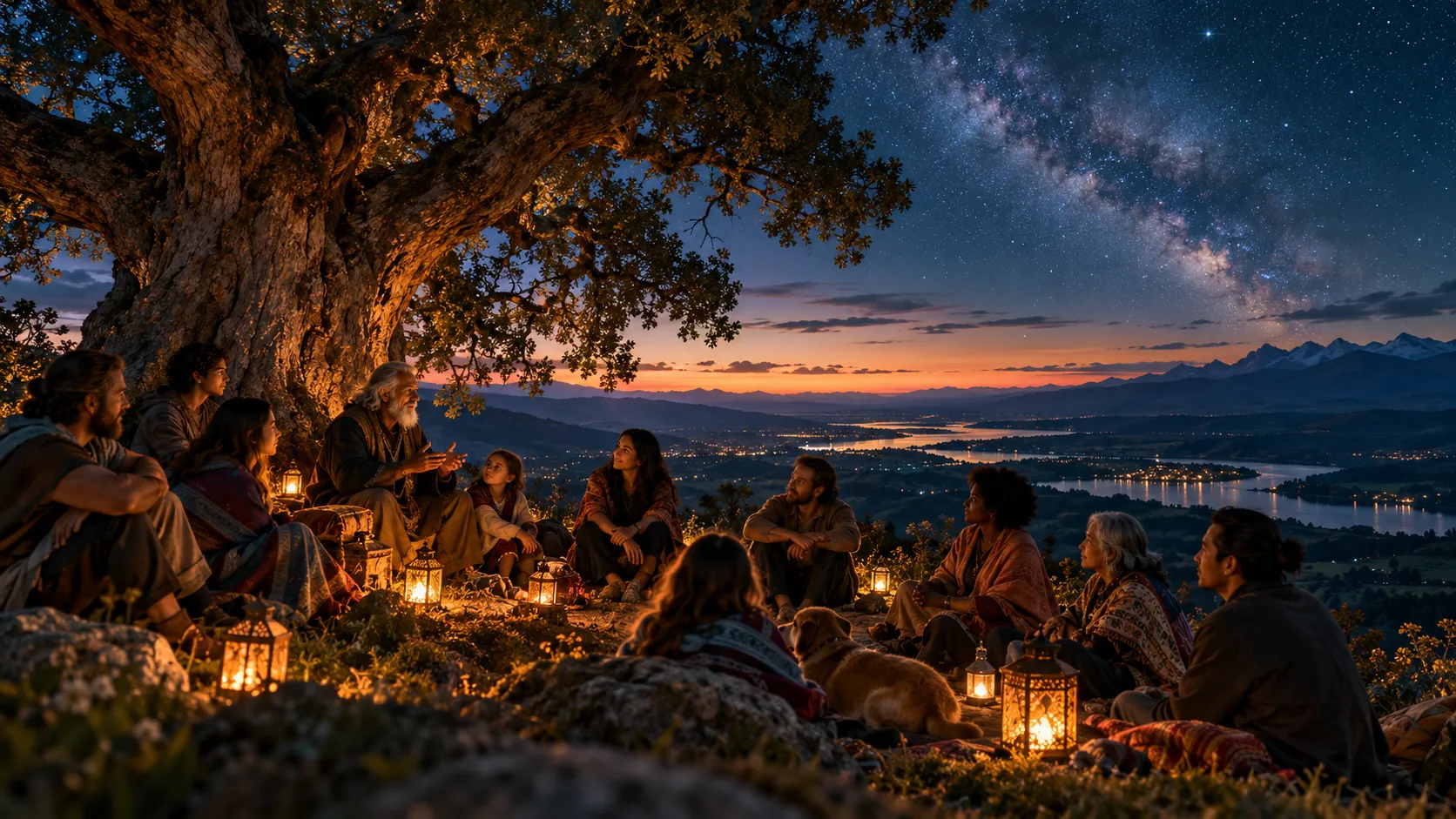 People of different generations gather beneath a large tree and a star-filled sky, with warm lanterns between them.