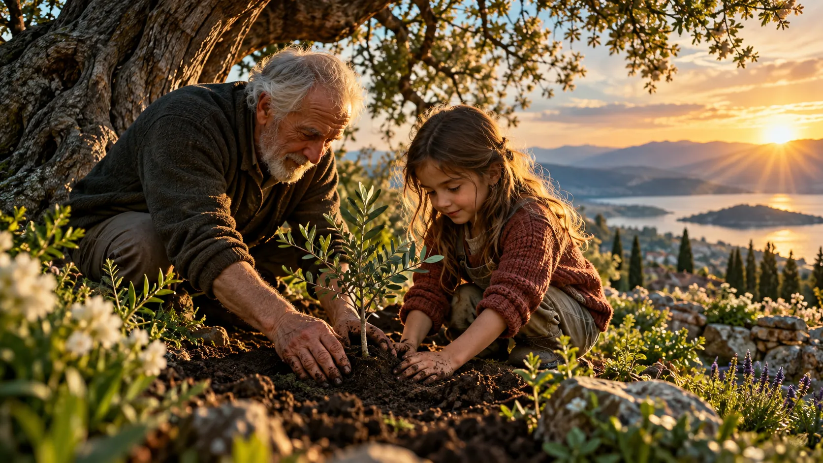 An older adult and a child plant a young sapling together in garden earth.