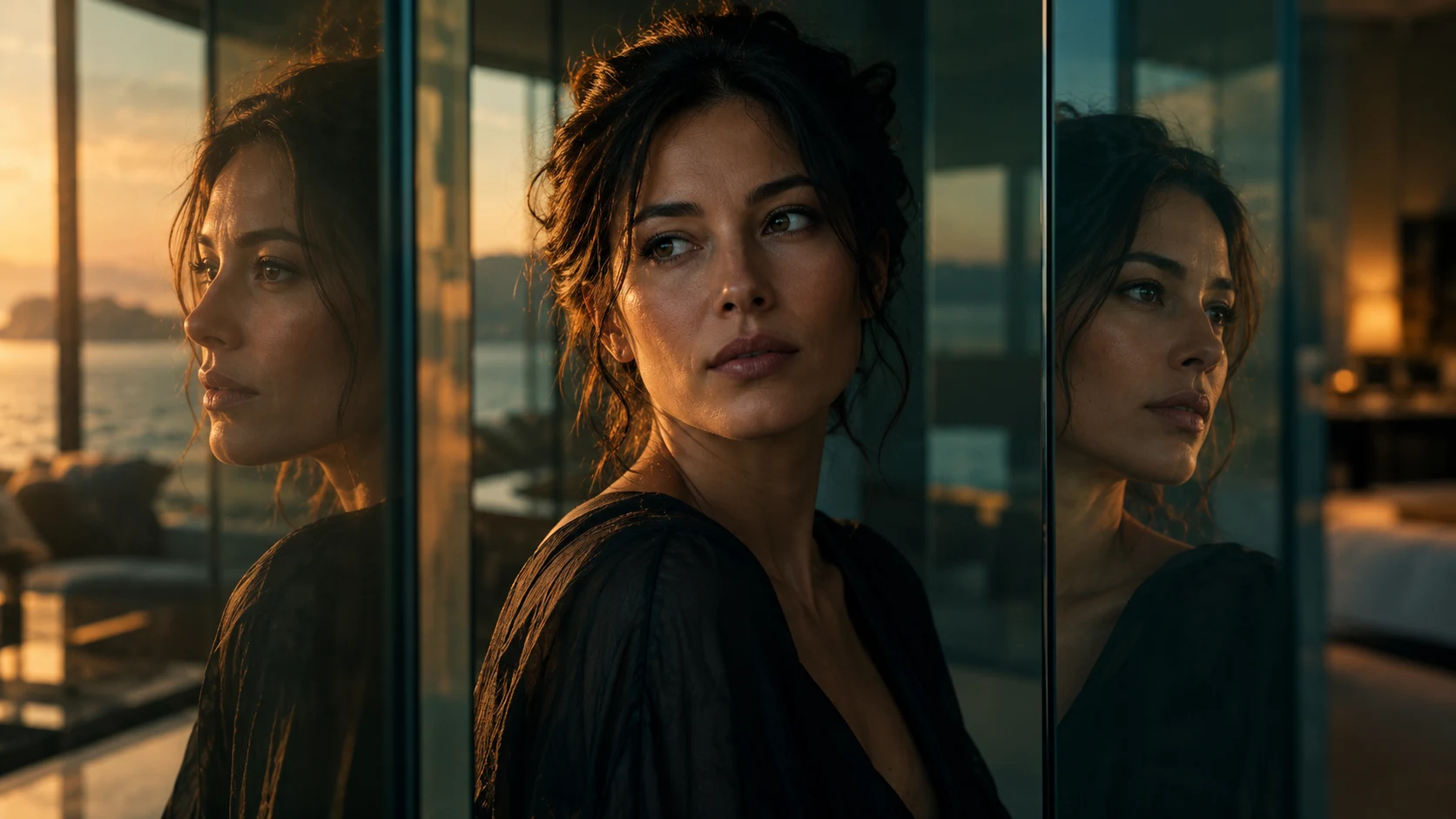 An adult portrait is reflected at several angles in glass panes, illustrating different perspectives on identity.