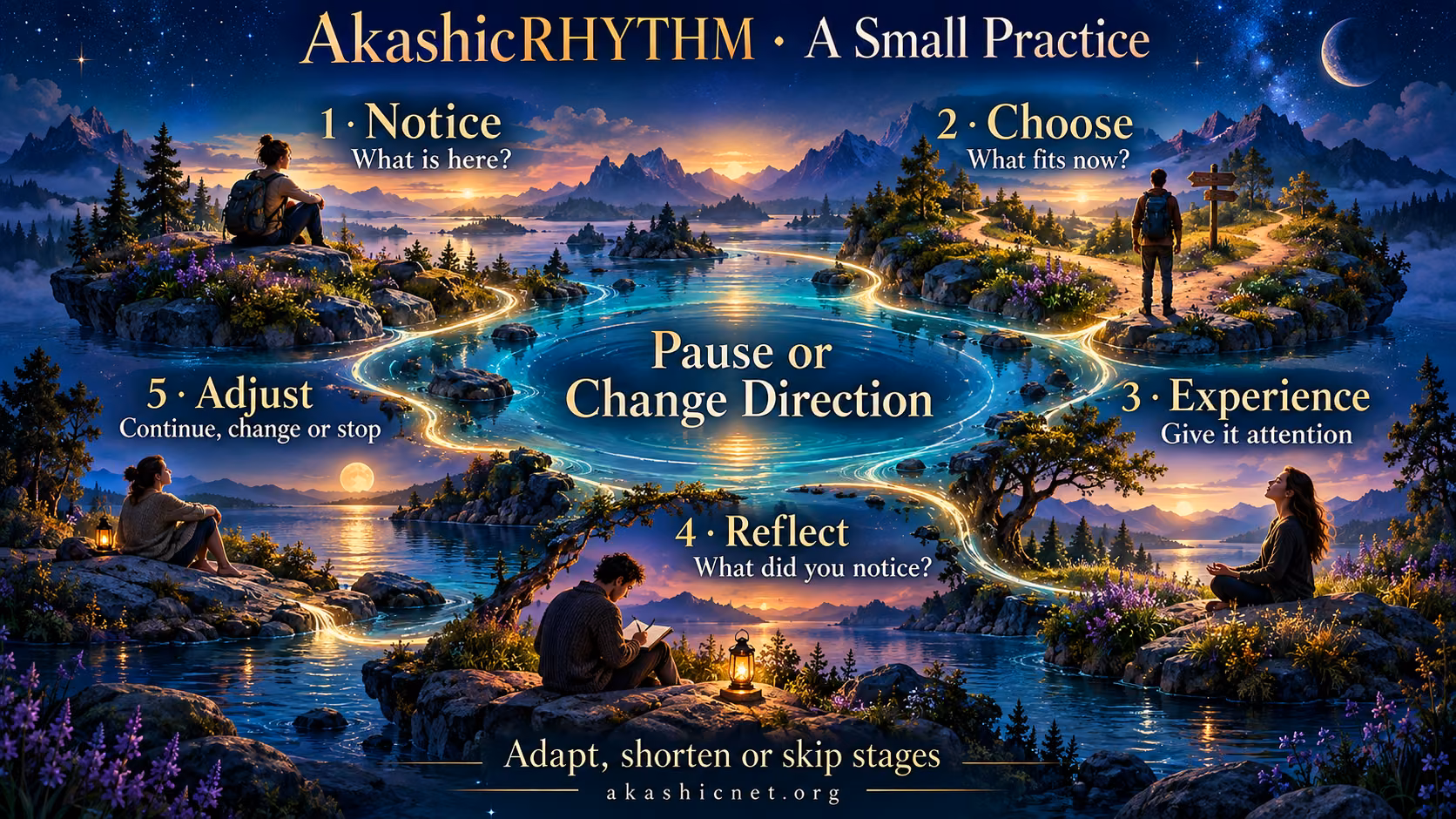 Five-stage reflection practice: Notice, Choose, Experience, Reflect and Adjust. At the centre: Pause or Change Direction. Adapt, shorten or skip stages.