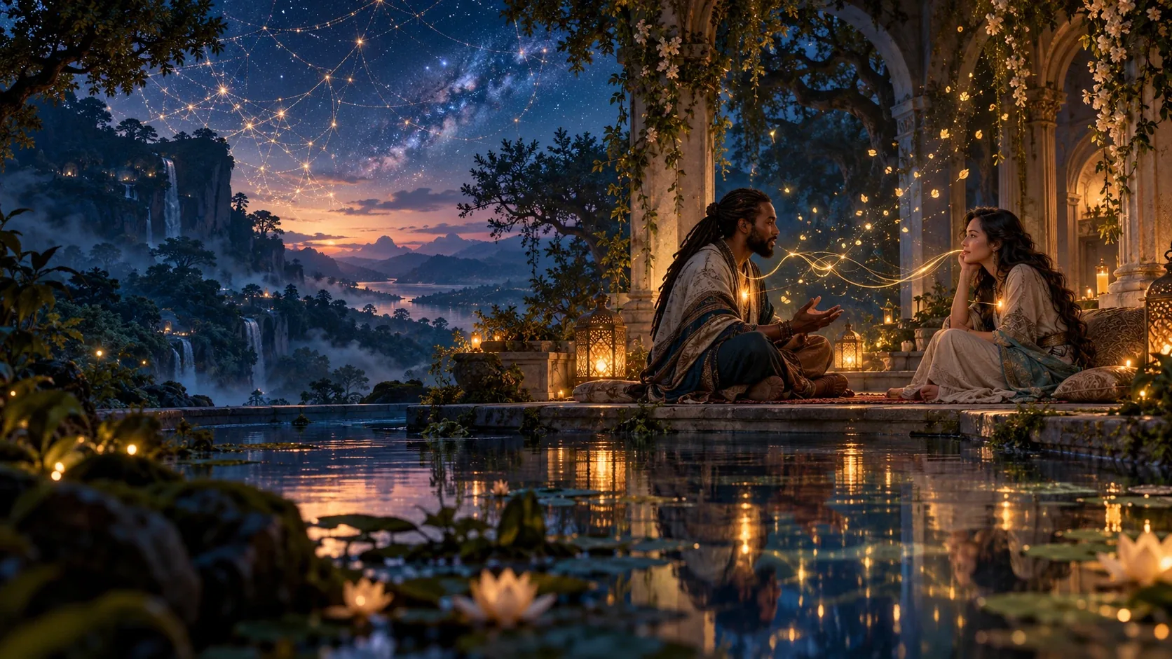 Two people listen to one another beside reflective water in a luminous twilight garden. Artistic metaphor.