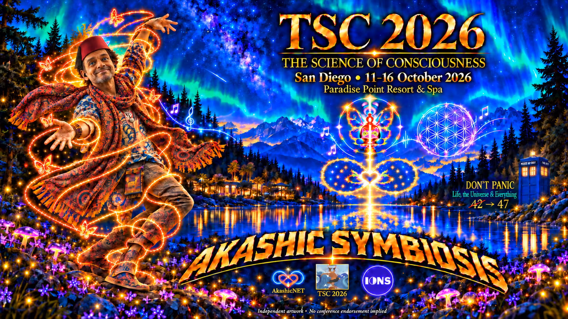 Akashic Symbiosis: a joyful dancer in a red fez with piercing blue eyes beneath an aurora, the Buddhafly and infinity-heart sigils, and a distant TARDIS. TSC 2026, San Diego, 11–16 October.